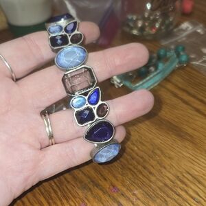 Vintage Silvertone Blue & Purple Assorted Shapes Rhinestone Stretch BRACELET 8”